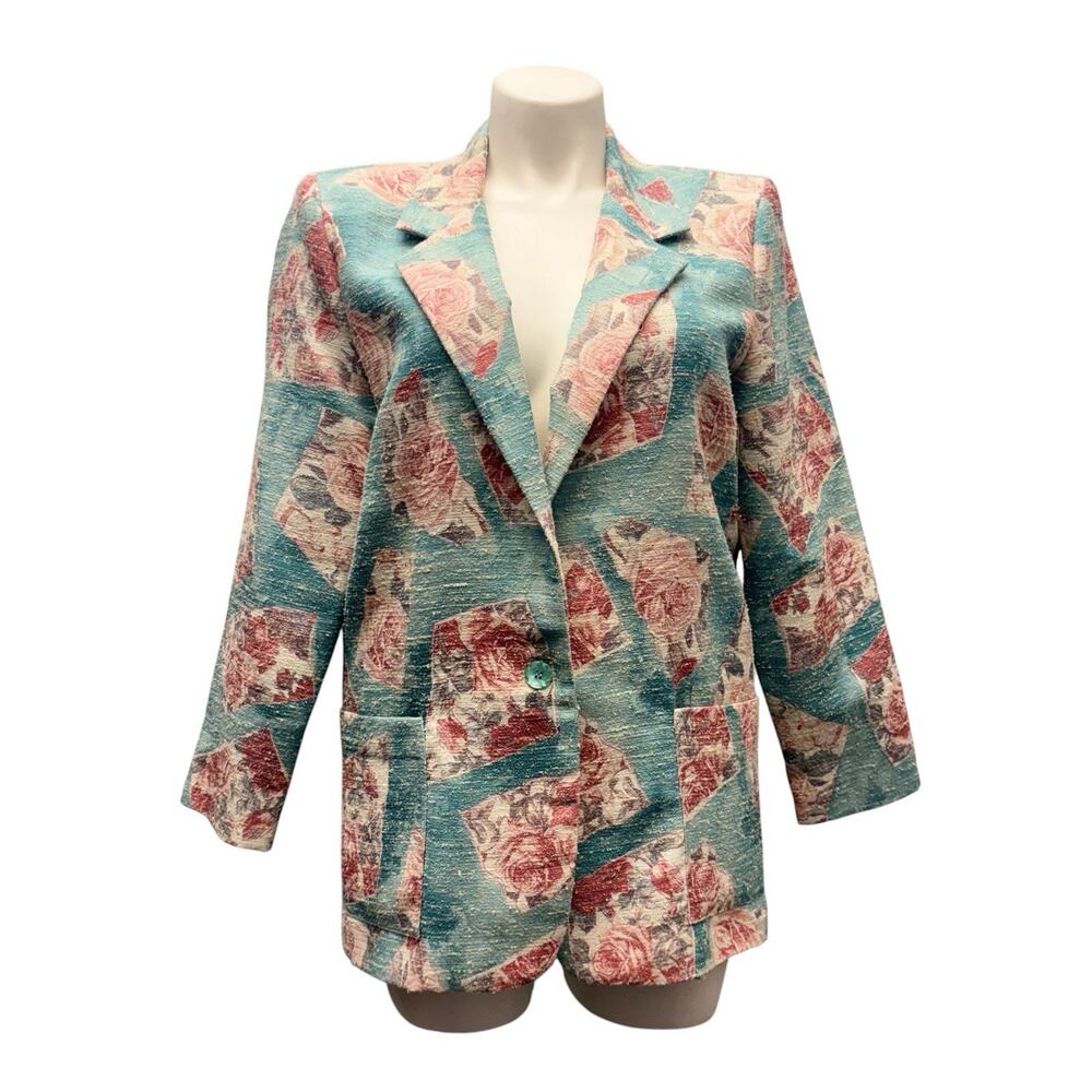 Vintage Floral Tapestry Blazer Blue Rose Print Textured Grandmacore Jacket 14
